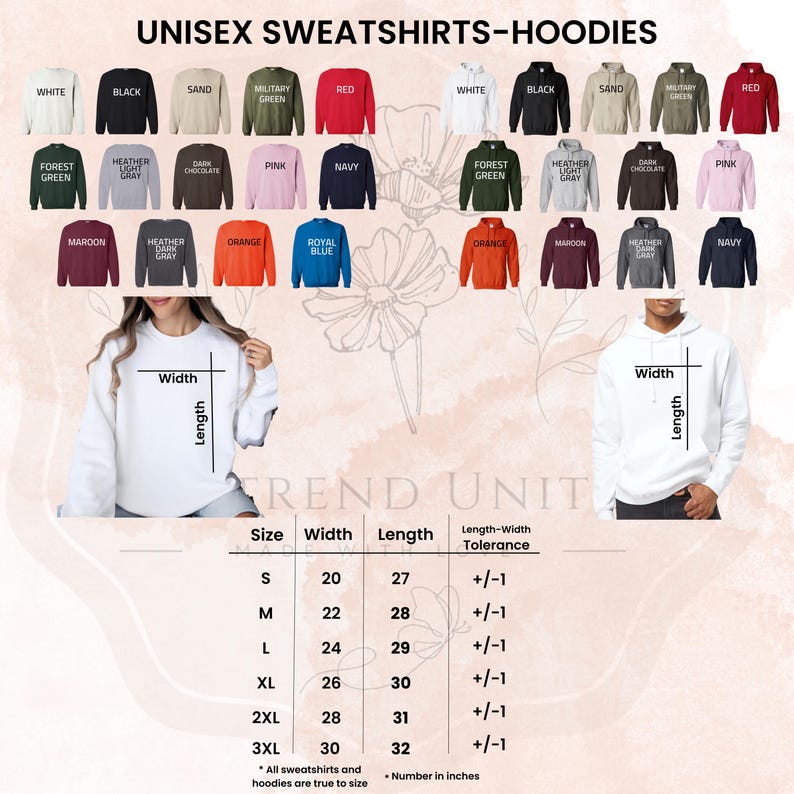 The image is a collage of various sweatshirts and hoodies in different colors and sizes, along with a table providing the measurements and descriptions of the items.