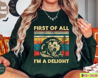 First Of All I'm A Delight Sarcastic Angry Opossum Lover Sweatshirt, Cute Sarcastic Hoodie, Sarcastic Self Love Shirt, Sarcasm Sweatshirt