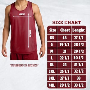 May include: Maroon mesh athletic tank top with chest and length measurements indicated. A size chart displays chest and length measurements in inches for sizes XS to 4XL. The text "*NUMBERS IN INCHES*" is also visible.