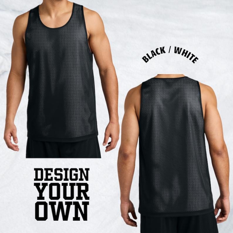 May include: Black reversible mesh tank top. The tank top is shown from the front and back. The text "BLACK / WHITE" is above the back view of the tank top. The text "DESIGN YOUR OWN" is below the front view of the tank top.