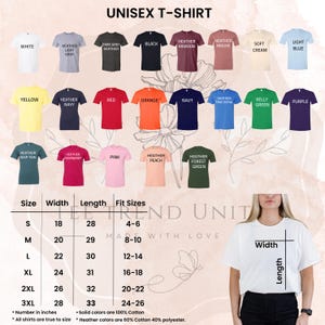 The image is a collage of various t-shirt designs in different colors and sizes, along with a woman wearing a white t-shirt and size chart information.