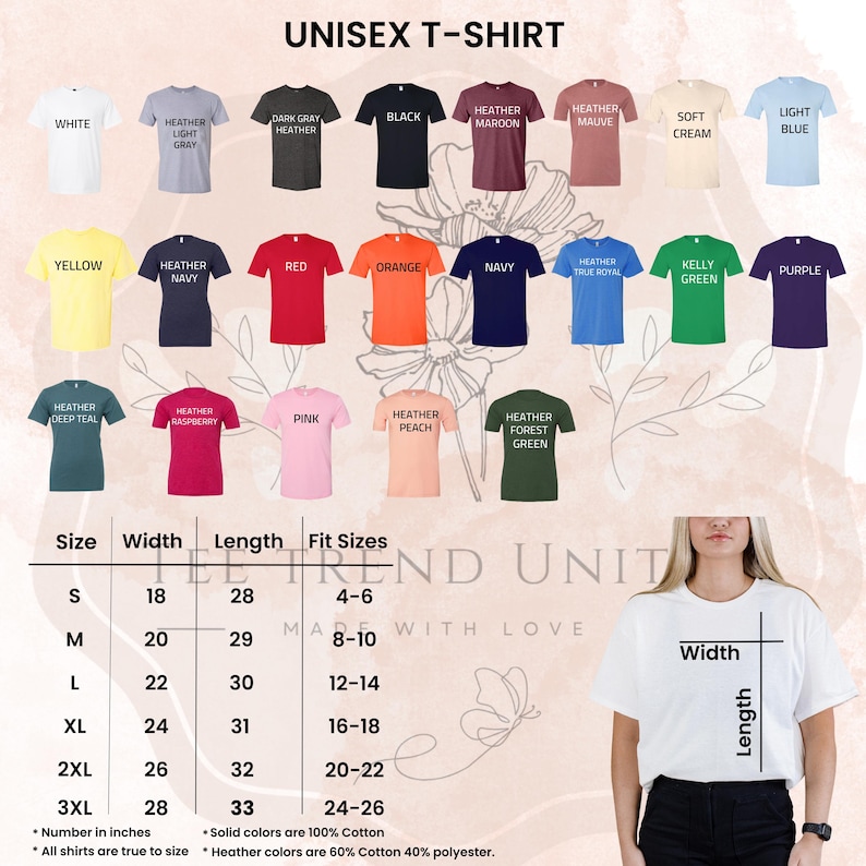 The image is a collage of various t-shirt designs in different colors and sizes, along with a woman wearing a white t-shirt and size chart information.