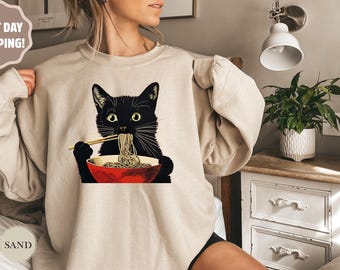 Noodle Cat Shirt, Foodie Lover Shirts, Retro Cat Tees, Cat Lover Sweatshirts, Black Cat Shirt, Ramen Cat T-Shirt, Black Cat Noodle T-Shirts