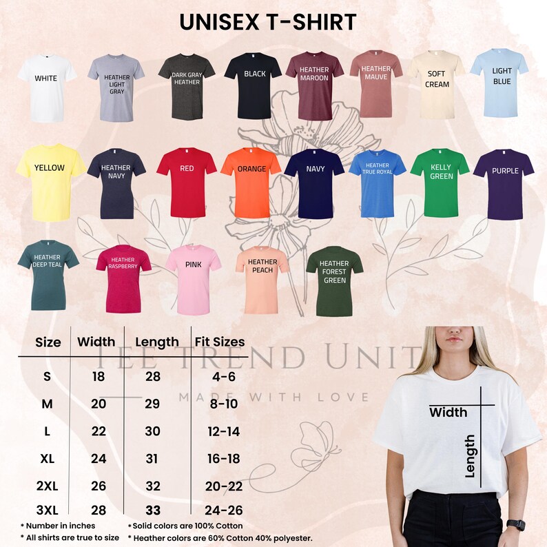 The image is a collage of various t-shirt designs in different colors and sizes, along with a woman wearing a white t-shirt and size chart information.