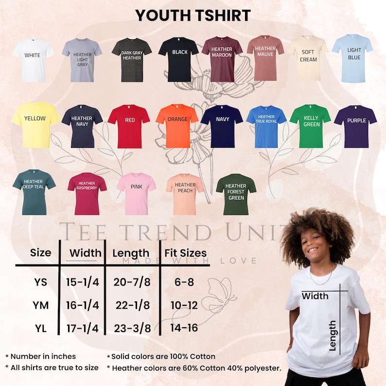 The image is a collage of various youth t-shirt designs, including different colors and styles, along with a young girl posing in front of the designs.