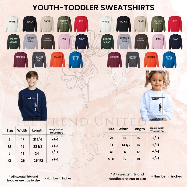 a collection of youth-sized sweatshirts and hoodies in various colors and styles, along with size and color charts.