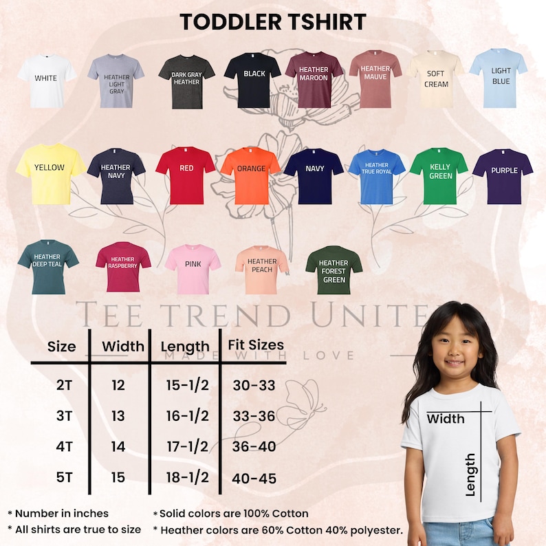 The image is a collage of various toddler t-shirt designs, each with different colors and sizes, along with a young girl wearing a white t-shirt and her height and width measurements.