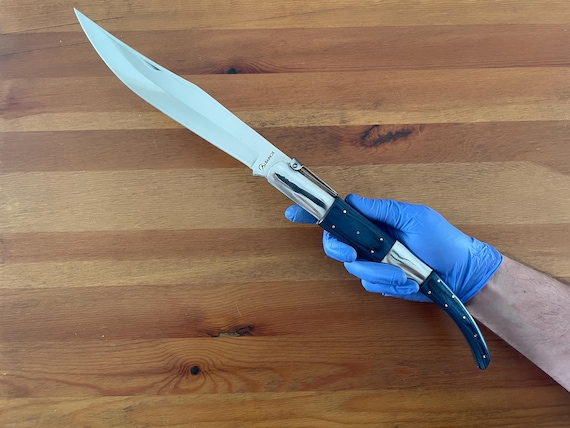 8.5" Long Blade Arabian Style Navaja Folding Knife Blue Wood Scales with Ratchet