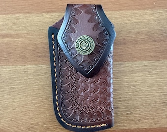 3.5" Brown Leather Pocket Knife Sheath with Belt Holder Hand Made Spain