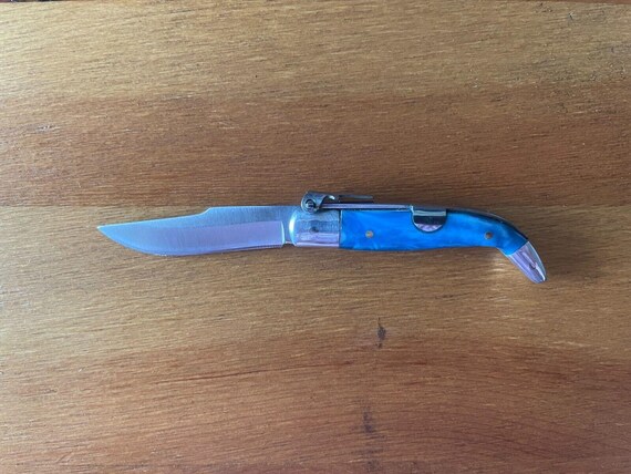 2 in. Spanish Navaja Teja Albacete Pocket Knife Blue Celluloid Scales - NO ratchet