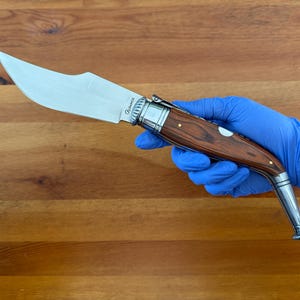 May include: A stainless steel knife with a curved blade and a wooden handle. The handle is a dark brown color with silver accents. The knife is held by a person wearing a blue glove.