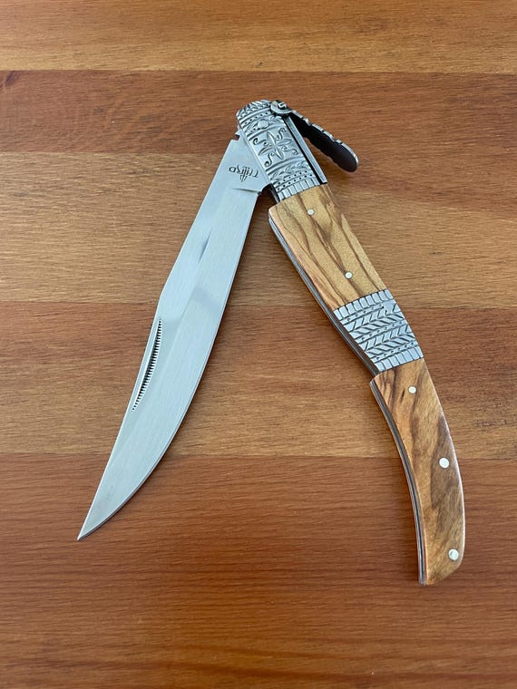5.9" Arabian Style Navaja with Ratchet Pocket Knife Olive Wood & Steel Handle