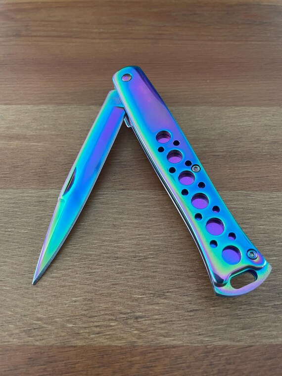 420 Steel Stiletto Folding Knife Aluminum Handle Plated Shiny Rainbow Titanium