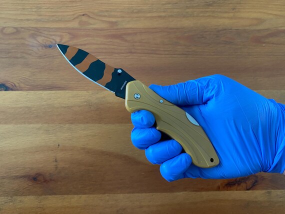 3" Stainless Blade Tactical Knife Black / Orange Blade Beige Plastic Handle