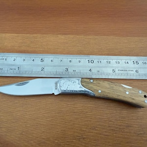 2.5" Steel Blade Folding Pocket Knife, Engraved Bolsters, Wood Scales