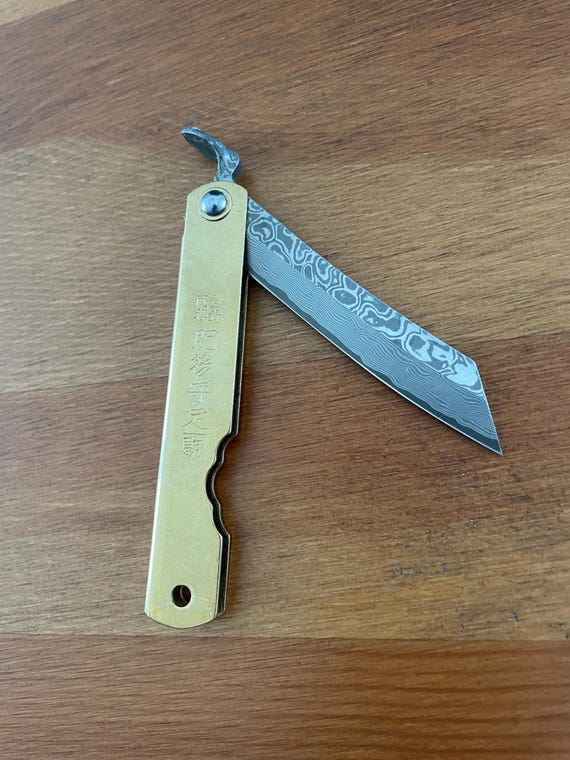 2.8" Navaja Higonokami Pocket Knife Tanto 79-layer Damascus Brass Handle Sheath