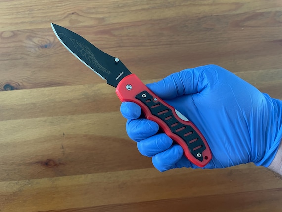 3.3" Black Stainless Steel Blade Tactical Pocket Knife Red Plastic Handle