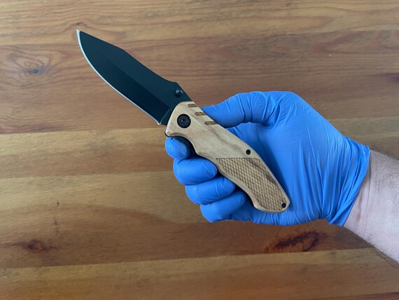 3.14" Black Stainless Steel Blade Tactical Knife Wooden Scales Pocket Clip