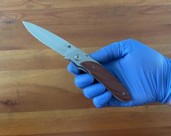 3.3" Stainless Steel Satin Blade Folding Knife Steel and Wood Handle Pocket Clip