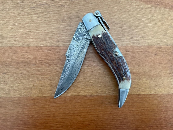 3.14” / 8 cm - Spanish Navaja Pocket Knife Damascus Steel Deer Antler Scales