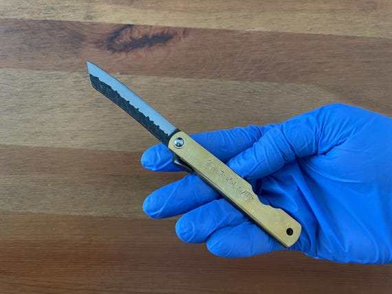 2.8" Navaja Higonokami Pocket Knife Tanto Blade 420 Steel Brass Handle Sheath