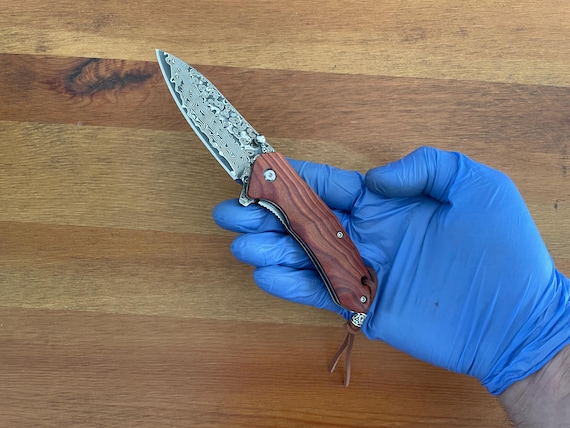 2.9” Damascus 73 Layers Navaja Pocket Knife with Wood Scales Leather Sheath