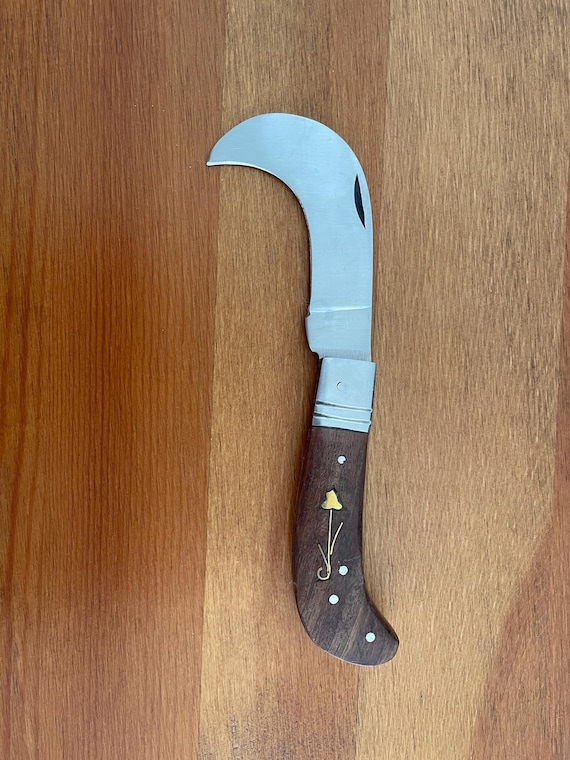 2.3" Hawkbill Skinning Tranchete Pocket Knife Stainless Blade Decorated Wood Handle