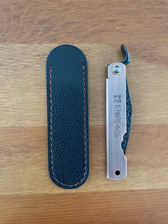 2.9" Navaja Higonokami Pocket Knife 420 Steel Falcata Blade Copper Handle and Sheath