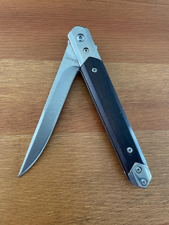 3.6" Stainless Steel Folding Knife Black Wood Scales Assisted Opening and Sheath