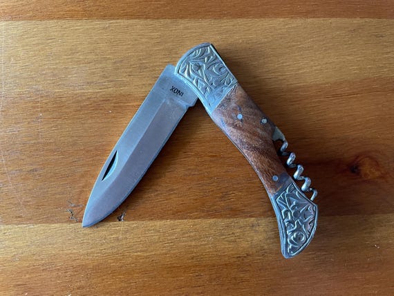 3.7” Spanish Navaja Pocket Knife With Wooden Handle w/ Corkscrew Handmade Spain