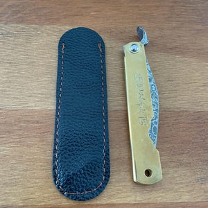 2.9&quot; Navaja Higonokami Pocket Knife 79-layer Damascus Brass Handle with Sheath