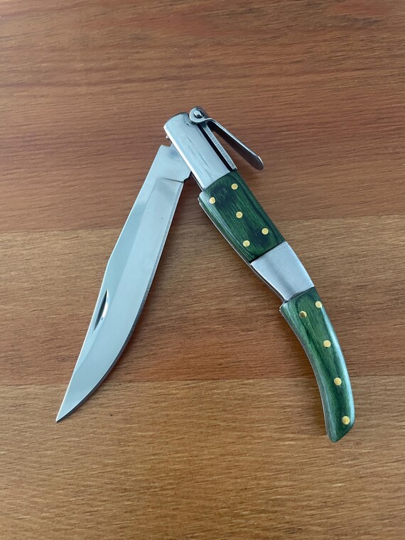 4" Arabian Folding Pocket Knife Green Wood and Steel Handle Navaja With Ratchet Sound