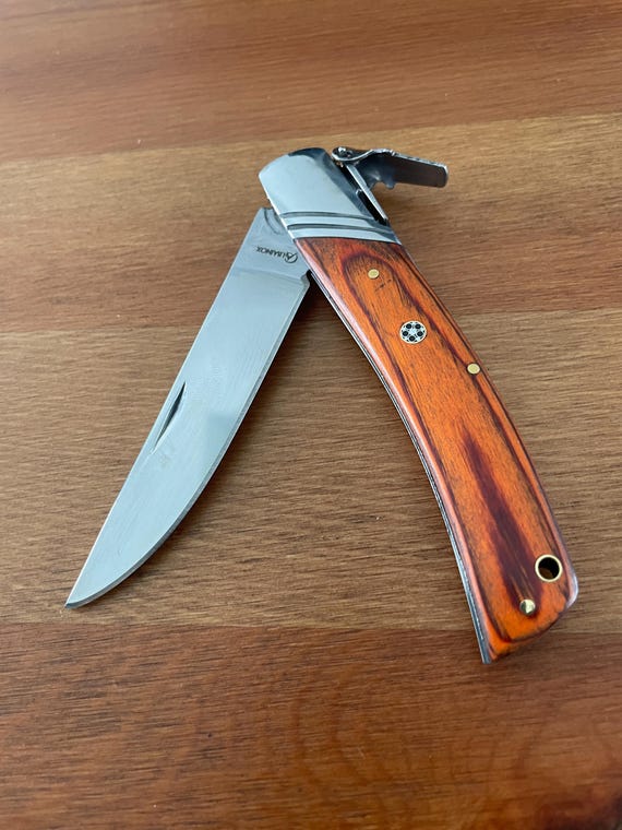 3.54" Spanish Navaja Pocket Knife Stamina Wood Scales With Ratchet & Billet Lock