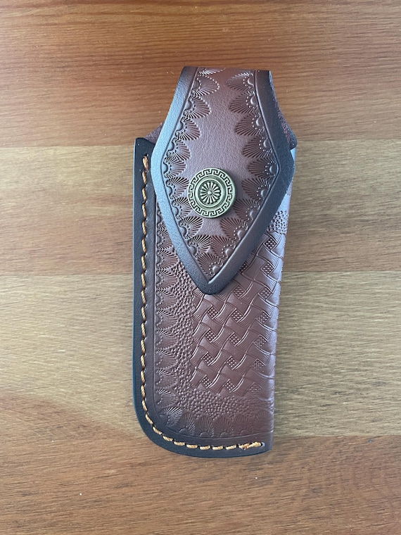 4.4 in. Brown Leather Pocket Knife Sheath Pouch with Belt Holder Hand Made Spain