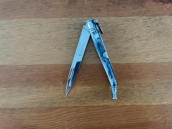 3.5 in. Albacete Estilete Navaja Grey Celluloid Handles Aluminum Bolsters