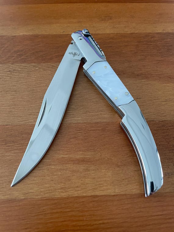 5.1" Arabian Style Navaja with Ratchet Pocket Knife White Acrylic Scales