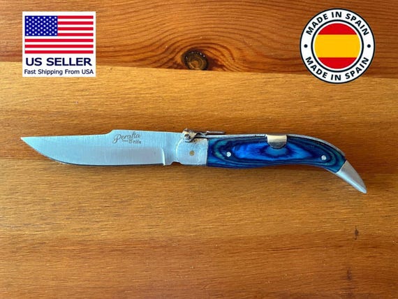3.14" Spanish Navaja Teja Albacete Pocket Knife Blue Wood Handcrafted - NO ratchet