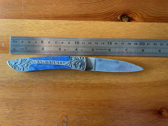 3.3” Spanish Navaja Pocket Knife Handmade Decorated Handle Blue Wood and Steel