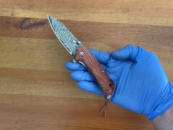 2.9” Damascus 73 Layers Navaja Pocket Knife with Wood Scales Leather Sheath