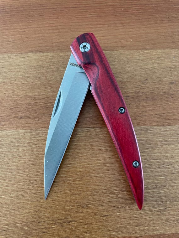 3.4” Stainless Steel Navaja Folding Knife Bird Beak Red Stamina Wood Handle