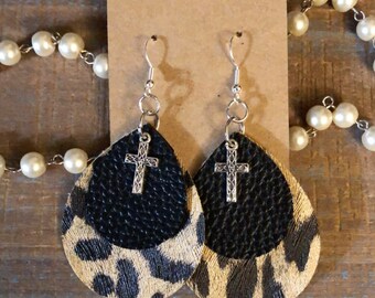 Cheetah Leopard Black Gold Cross Earrings Faux Leather Silver Light Weight Fall Winter Christmas