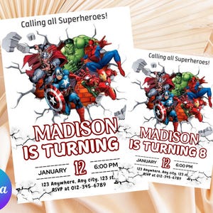 Puede incluir: Dos invitaciones de cumpleaños blancas con temática de superhéroes. Las invitaciones presentan ilustraciones de Capitán América, Iron Man, Thor, Hulk y Spider-Man rompiendo una pared. El texto incluye "Calling all Superheroes!" y "Madison cumple 8" con fecha y hora.