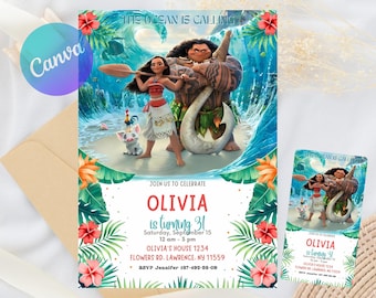 Convite de aniversário da Baby Moana editável | Convite de aniversário da Baby Moana para imprimir | Modelo de festa infantil | Convite no Canva | Download instantâneo