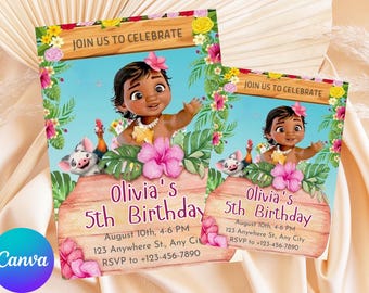 Convite de aniversário da Baby Moana editável | Convite de aniversário da Baby Moana para imprimir | Modelo de festa infantil | Convite no Canva | Download instantâneo