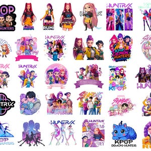 Puede incluir: Una colección de pegatinas coloridas con temática K-Pop, con varios personajes y texto. Las pegatinas incluyen las frases "KPOP DEMON HUNTERS", "HUNTRAX" y nombres de personajes como "MIRA" y "RUMI".