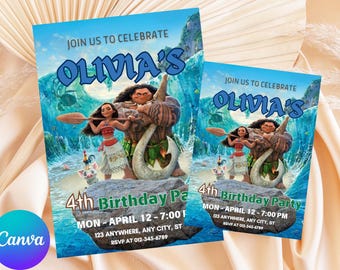 Convite de aniversário da Baby Moana editável | Convite de aniversário da Baby Moana para imprimir | Modelo de festa infantil | Convite no Canva | Download instantâneo