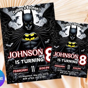 May include: Two Batman-themed birthday invitations. The design features Batman with a yellow bat symbol, bats, and the text "Calling a Batman!!" The invitations include the name "Johnson", the number "8", and the date "February 11".