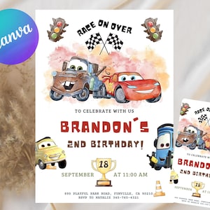 Cars Birthday Party Invitation, Lightning Mcqueen Birthday, Cars Party Invite, Second Birthday Party Invitation, Two Fast, 2, Canva Editable