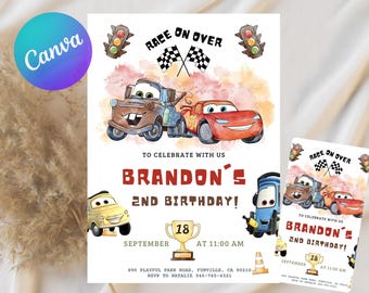 Cars Birthday Party Invitation, Lightning Mcqueen Birthday, Cars Party Invite, Second Birthday Party Invitation, Two Fast, 2, Canva Editable
