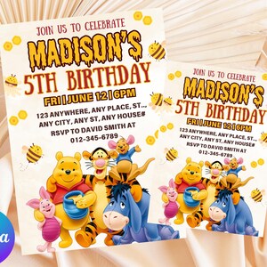 May include: Two invitations for Madison's 5th birthday celebration. The invitations feature the text "Join us to celebrate" and "Madison's 5th Birthday". The invitations include the date, time, address, and RSVP information. The invitations are decorated with cartoon characters and bees.